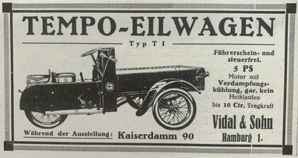 Zeitgenössische Anzeige TEMPO-EILWAGEN Typ T I von Vidal & Sohn
