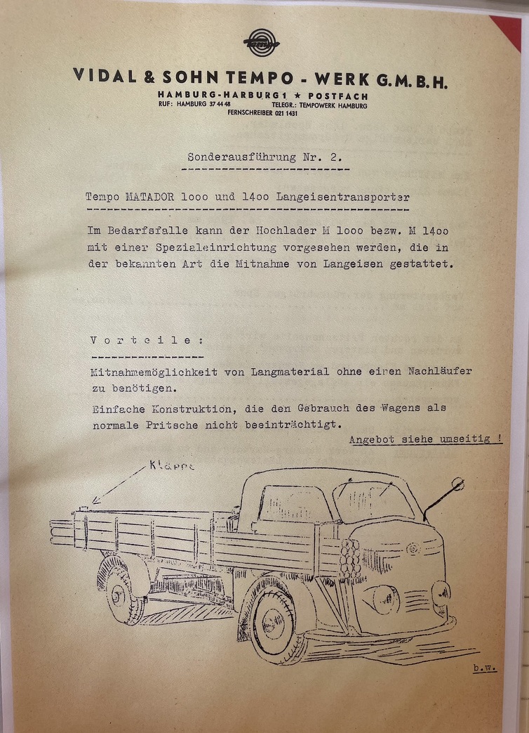 Werksunterlage: Sonderausführung Matador 1000 und 1400 als Langeisentransporter.