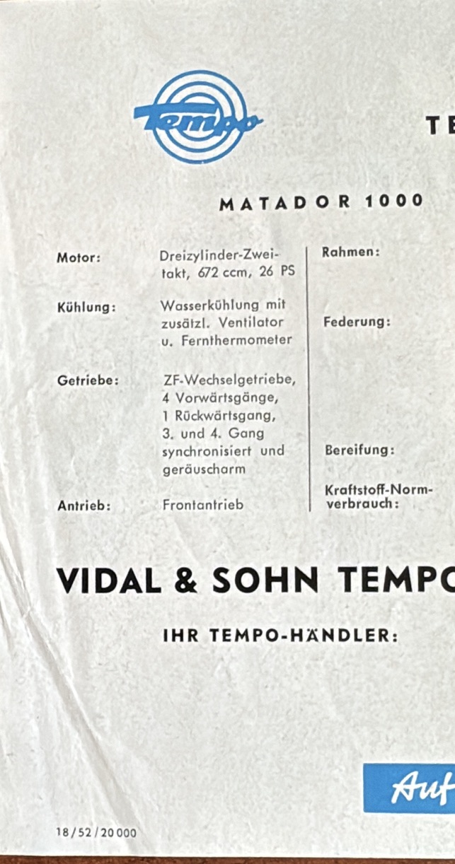 Originalprospekt: technische Daten des Matador 1000; Dreizylinder-Zweitaktmotor mit 672 cm³ und 26 PS.