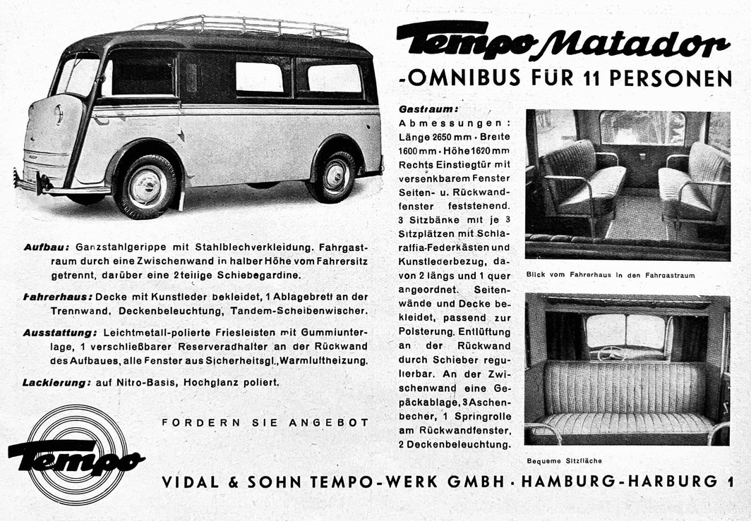 Historische Tempo-Werbung: Tempo Matador Omnibus für 11 Personen