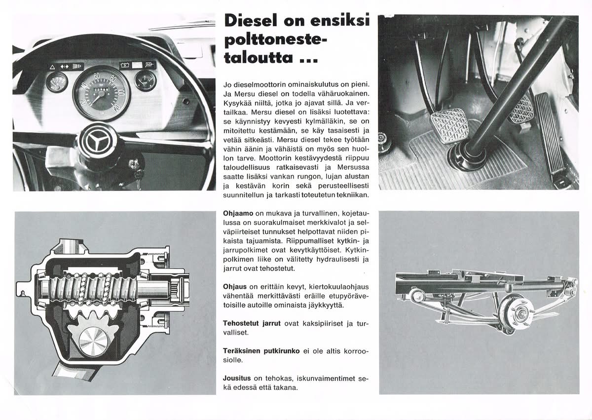 Finnische Prospektseite mit verschiedenen Mercedes-Benz L206D-Aufbauten