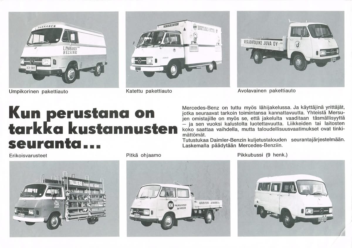 Finnische Prospektseite mit technischen Daten und Abmessungen der Mercedes-Benz L206D- und L306D-Modelle