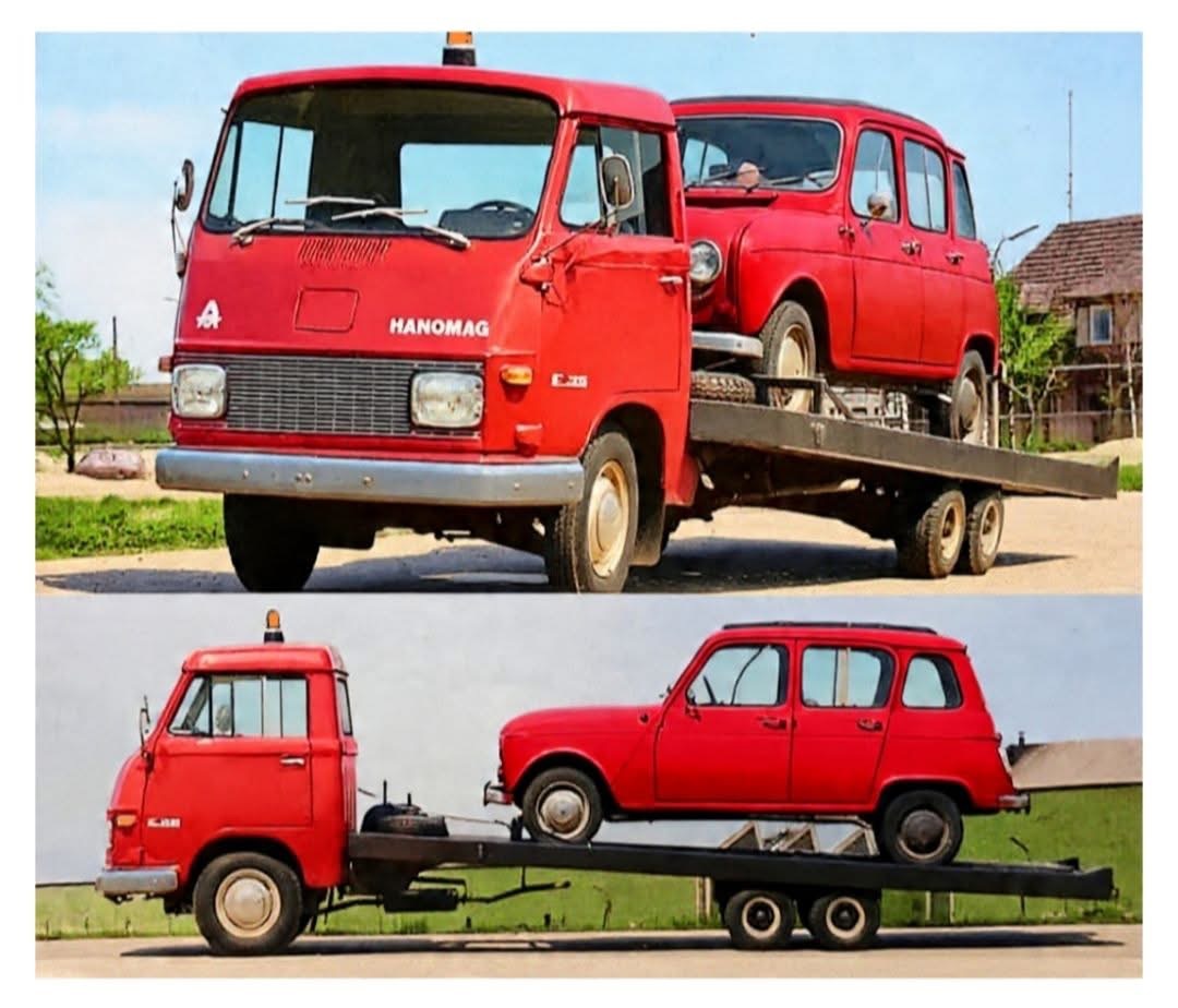 Hanomag F30 als Autotransporter mit Renault 4 – zeitgenössische Aufnahme
