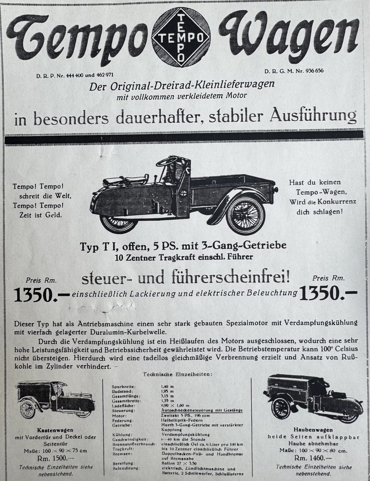 Originalprospekt Tempo Wagen Typ T I mit technischen Daten, 5 PS und Preis 1350 RM