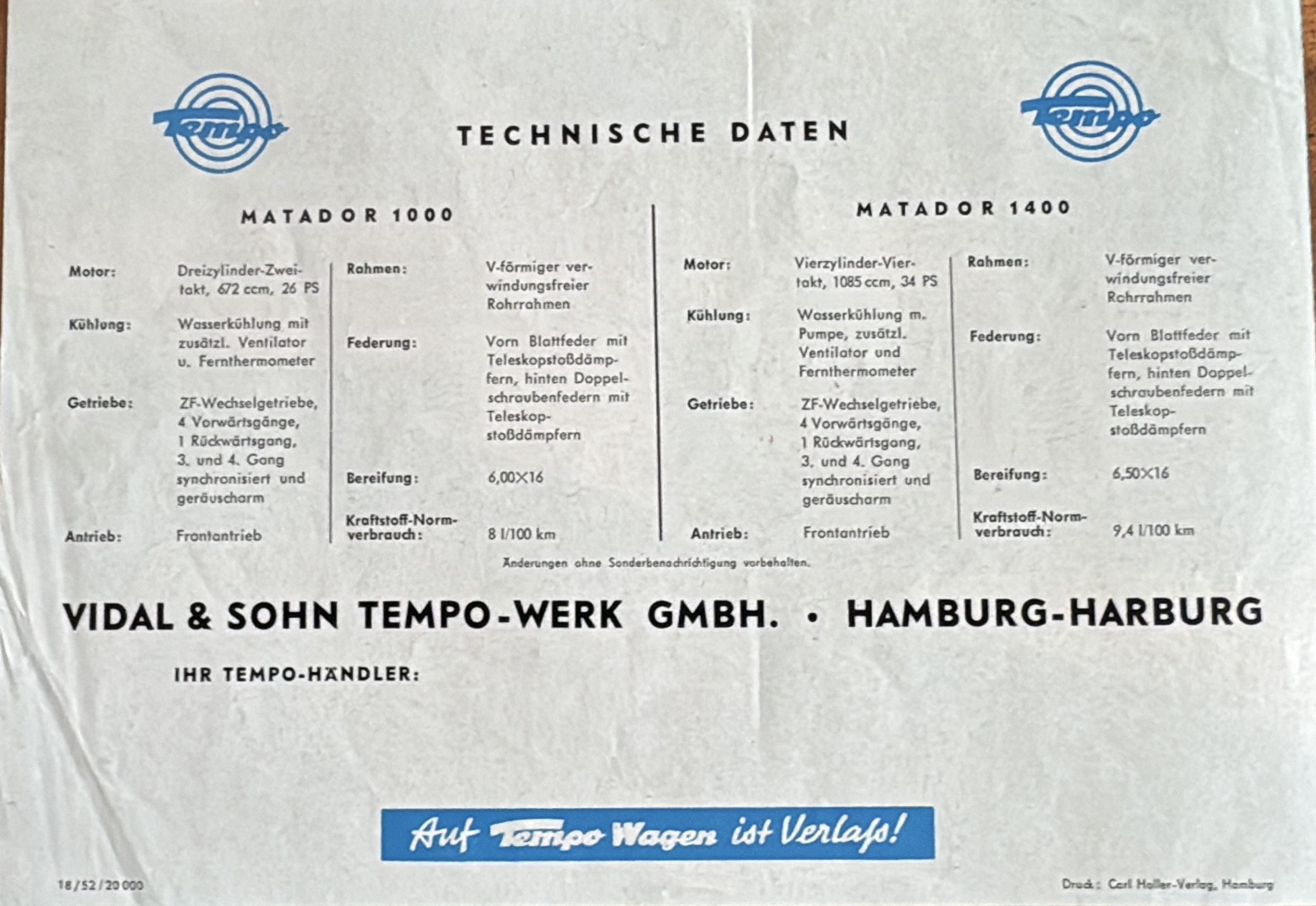 Zeitgenössischer Prospekt mit technischen Daten des Tempo Matador 1000 und 1400