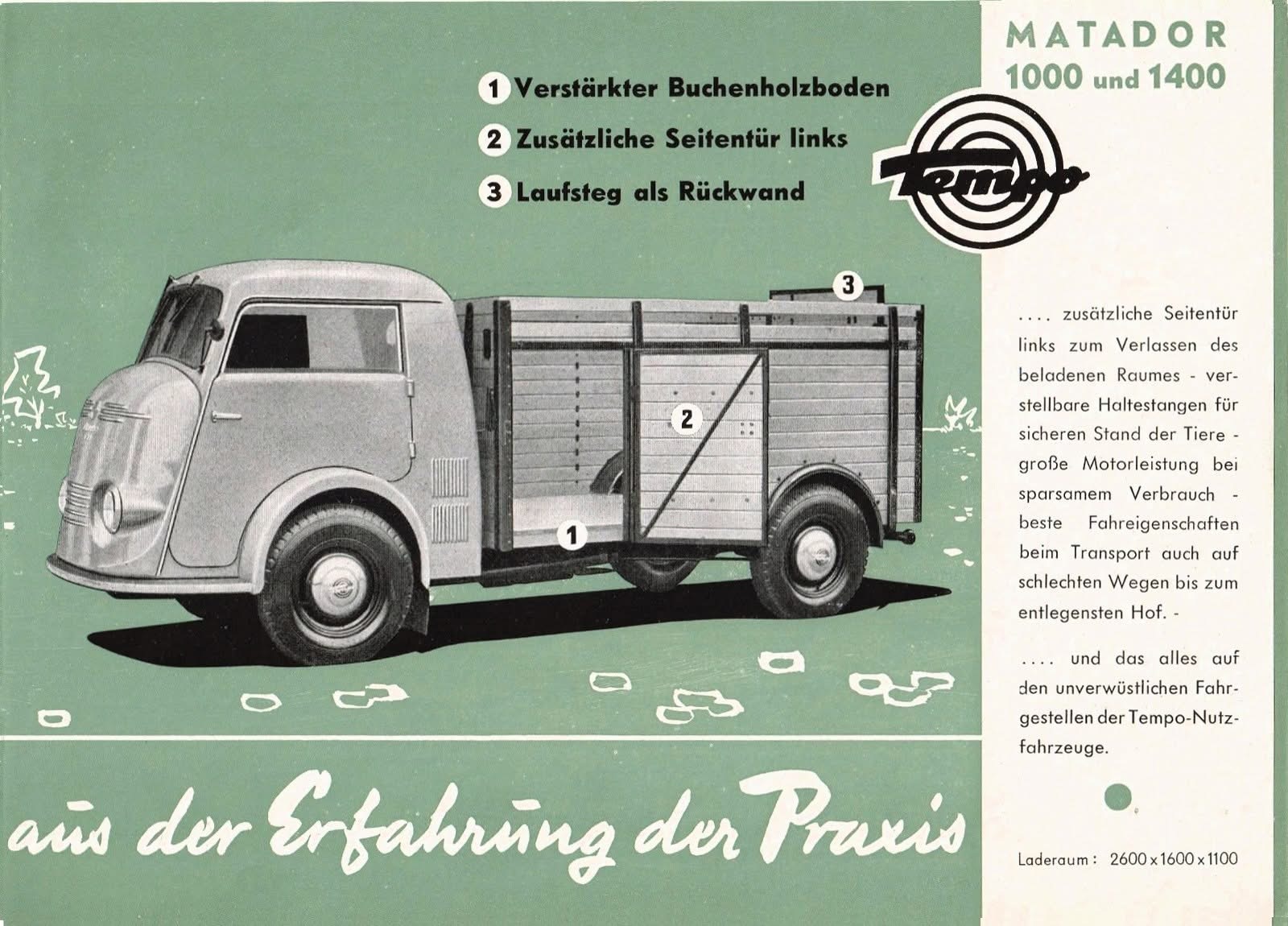 Zeitgenössischer Tempo-Prospekt Matador 1000 und 1400 mit Viehtransport-Aufbau