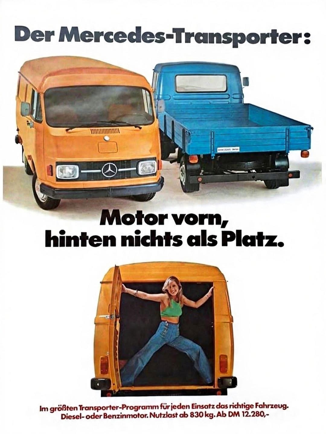 Historisches Mercedes-Benz-Transporter-Werbemotiv mit Kastenwagen und Pritschenwagen