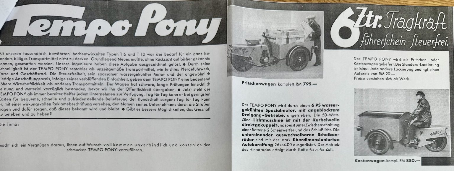 Originale Tempo-Pony-Verkaufsunterlage
