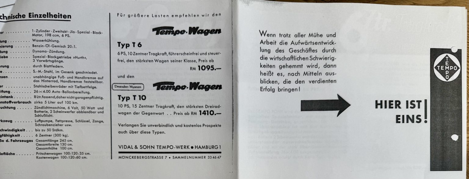 Originale Tempo-Pony-Verkaufsunterlage mit weiteren Angaben