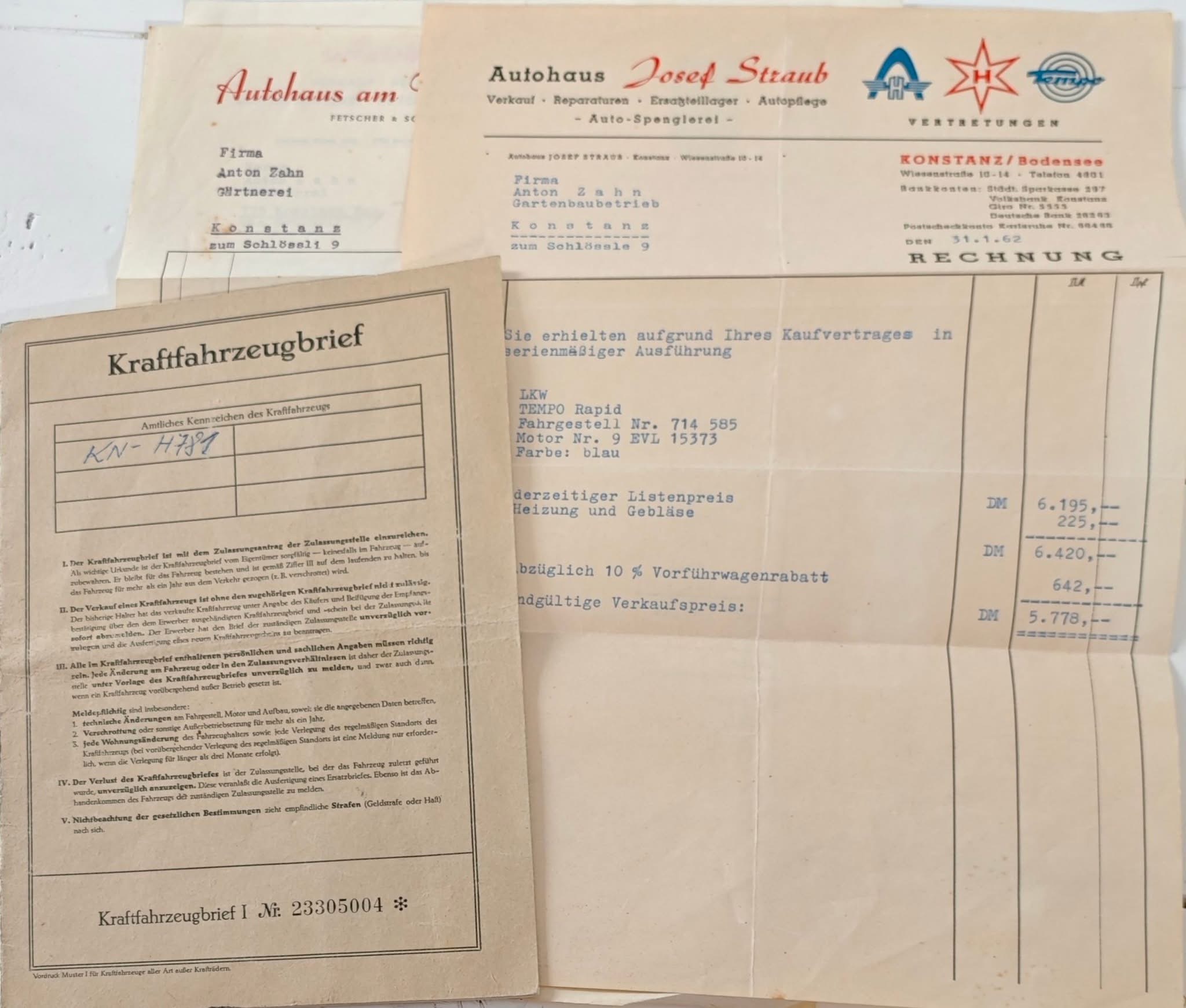 Rechnung Autohaus Josef Straub Konstanz für Tempo Rapid vom 31. Januar 1962