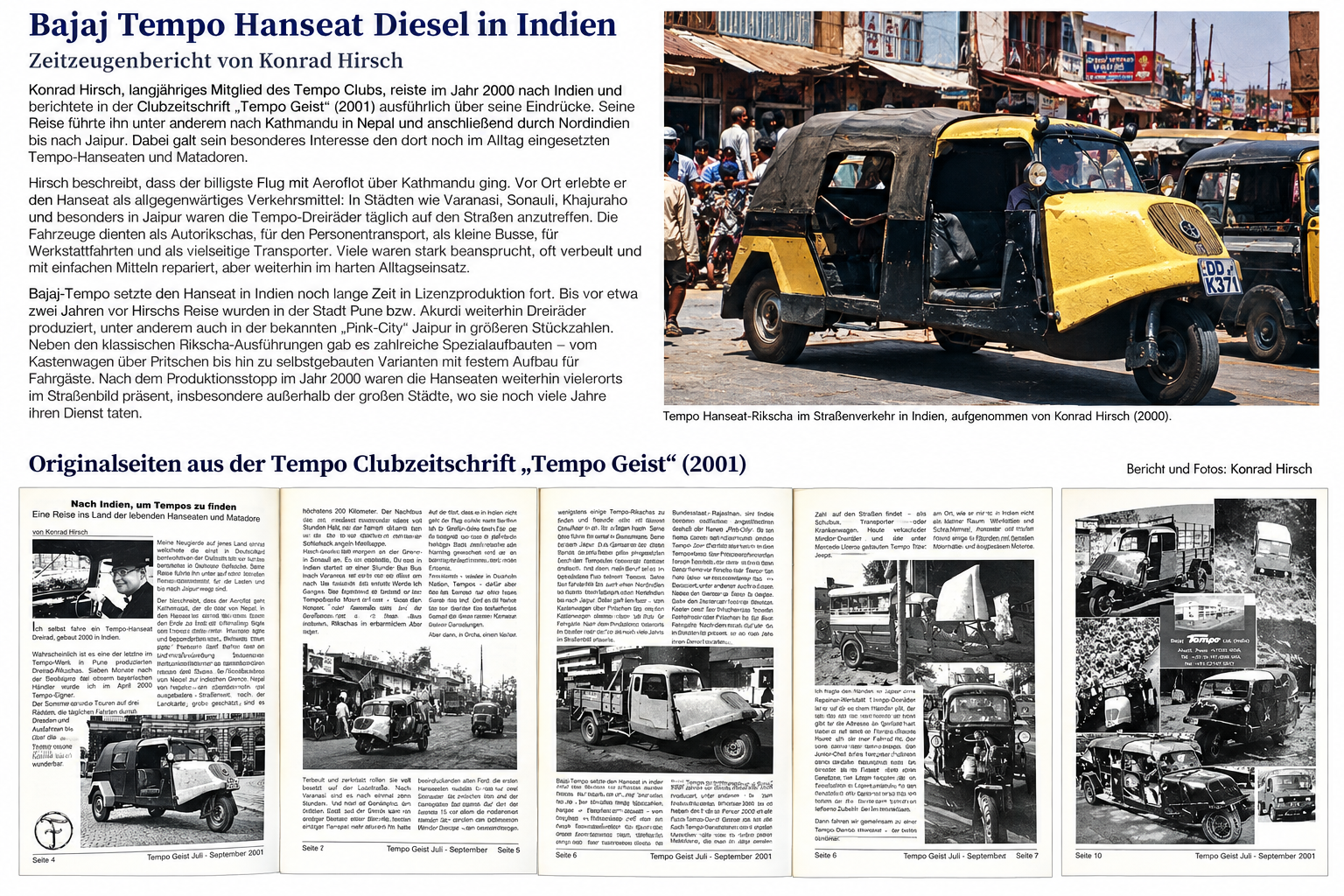 Restaurierte Originalseiten aus der Tempo-Clubzeitschrift Tempo Geist von 2001 zum Bajaj Tempo Hanseat und zur Indienreise von Konrad Hirsch