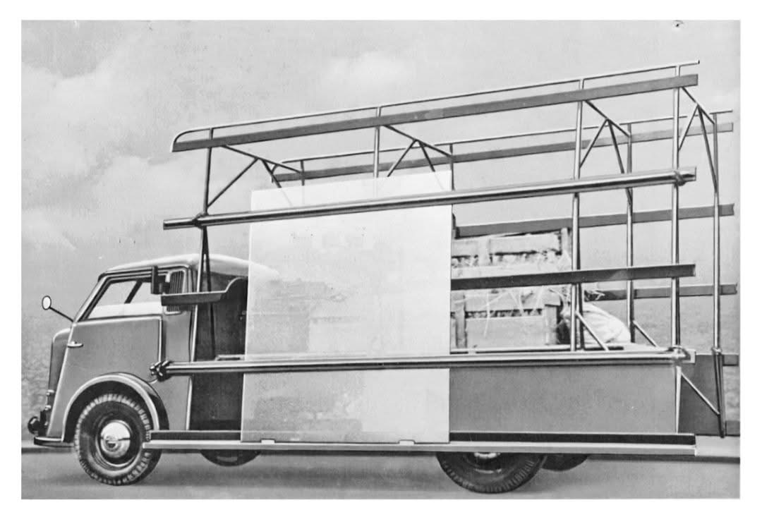 Werksfoto eines Tempo Matador mit Spezialaufbau zum Transport von Flachglas