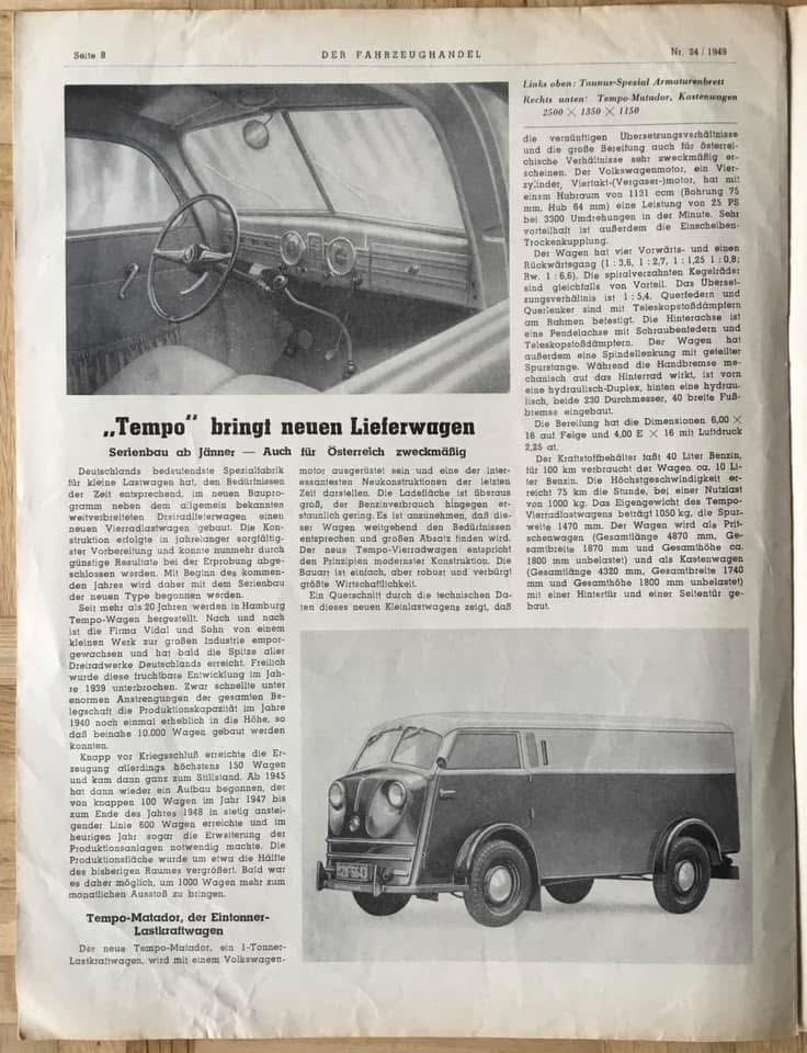 Der Fahrzeughandel Nr. 24/1949, Seite 8: Tempo bringt neuen Lieferwagen – Tempo Matador