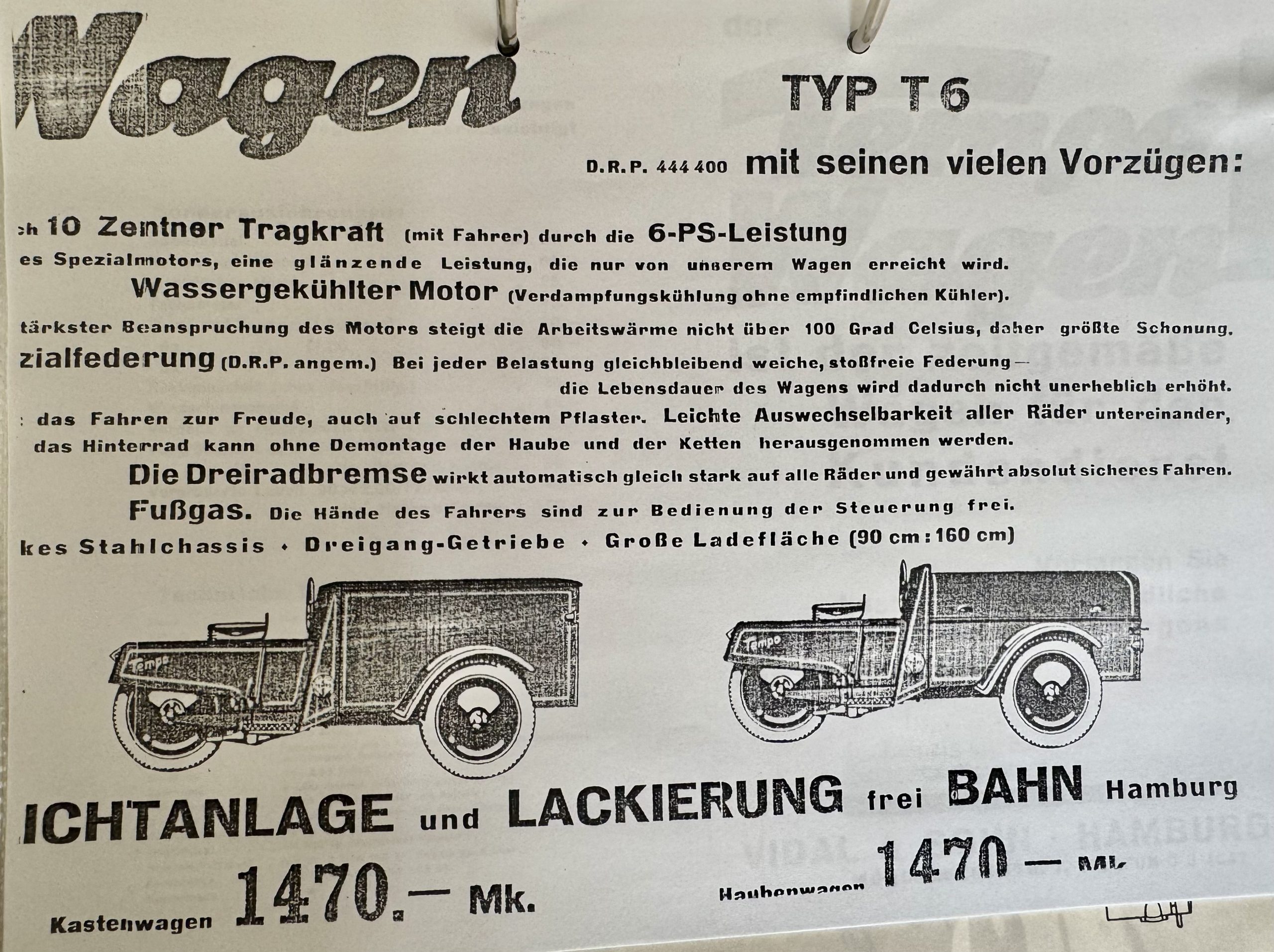 Historische Werbung für den Tempo Typ T6 mit technischen Angaben