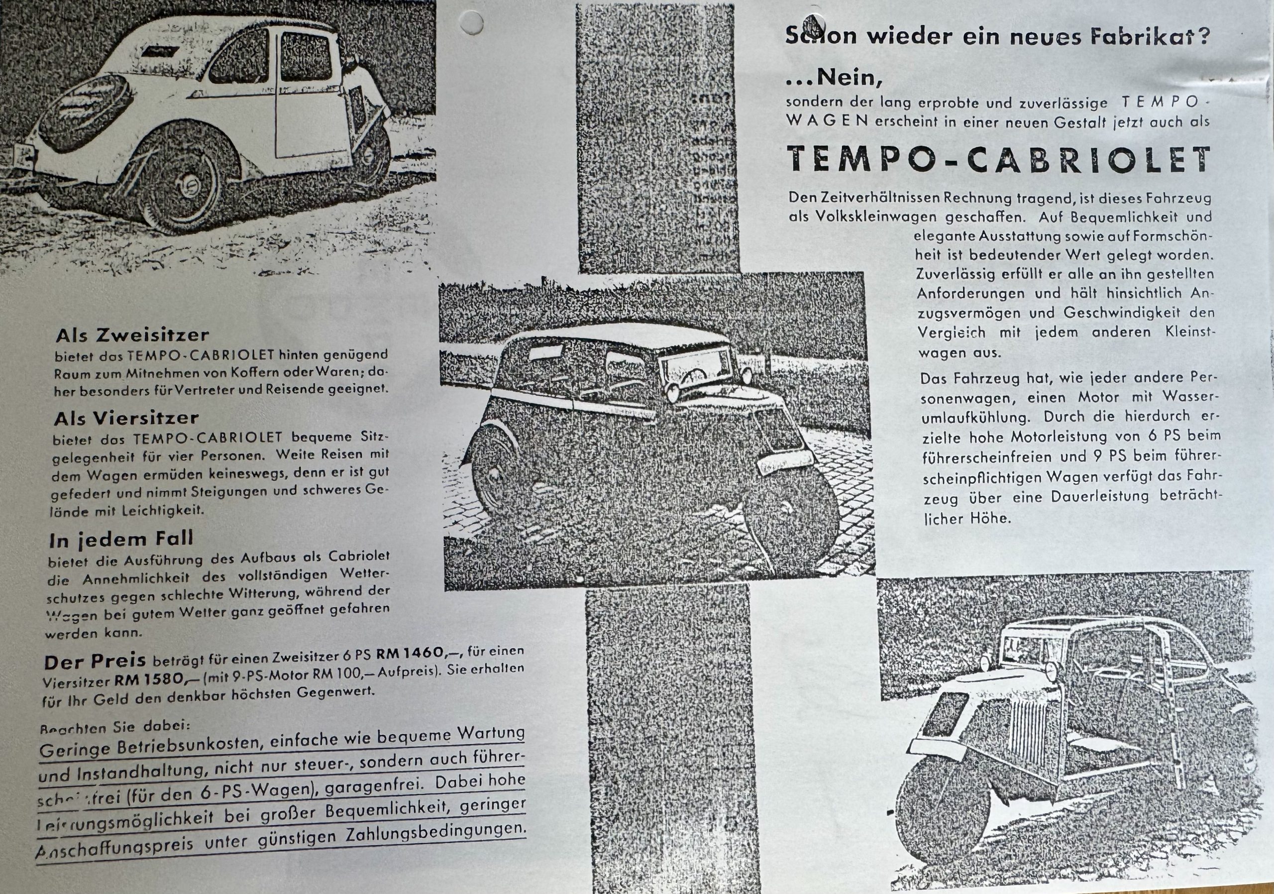 Historischer Tempo-Trio-Cabriolet-Prospekt mit technischen Einzelheiten