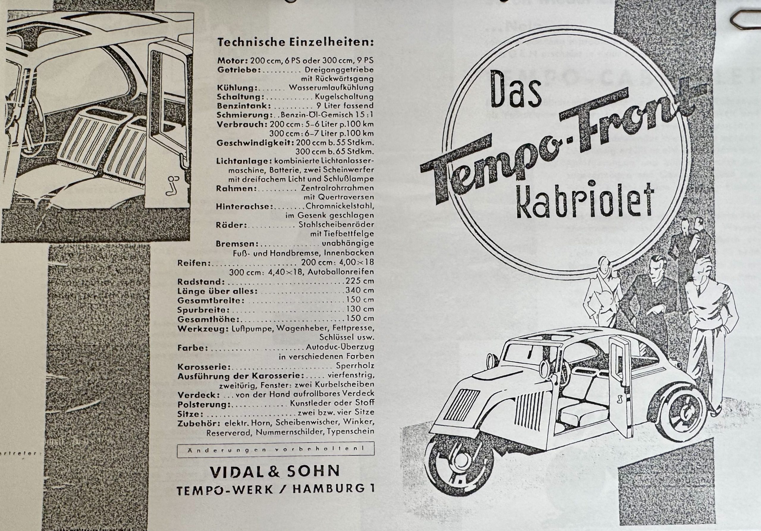 Historischer Tempo-Trio-Cabriolet-Prospekt mit Zwei- und Viersitzer