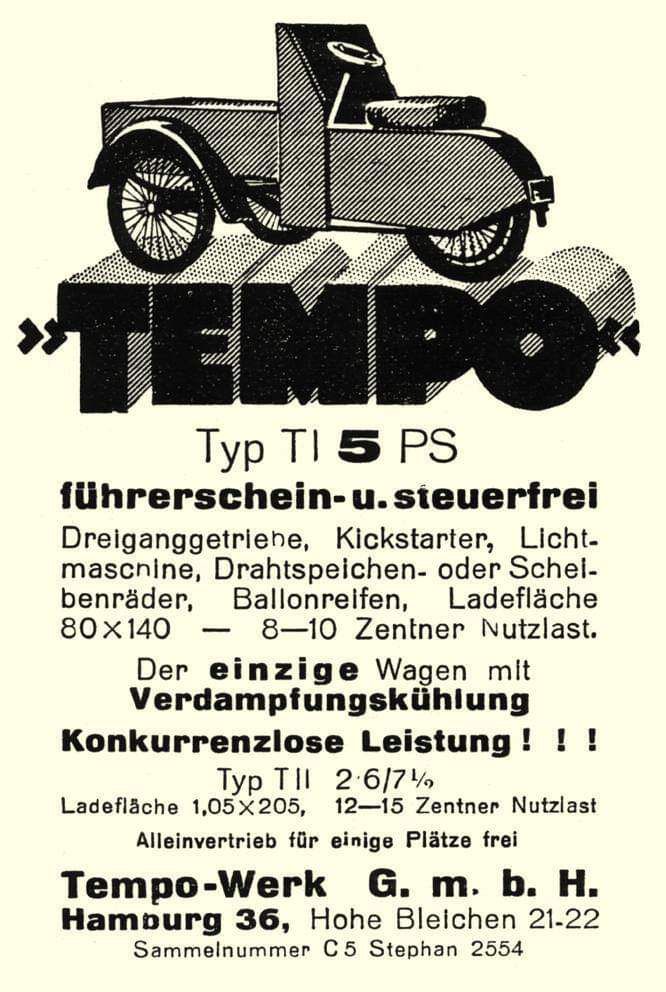 Historische Tempo-Werk Anzeige für Typ T I 5 PS mit technischen Angaben und Hinweis auf Typ T II
