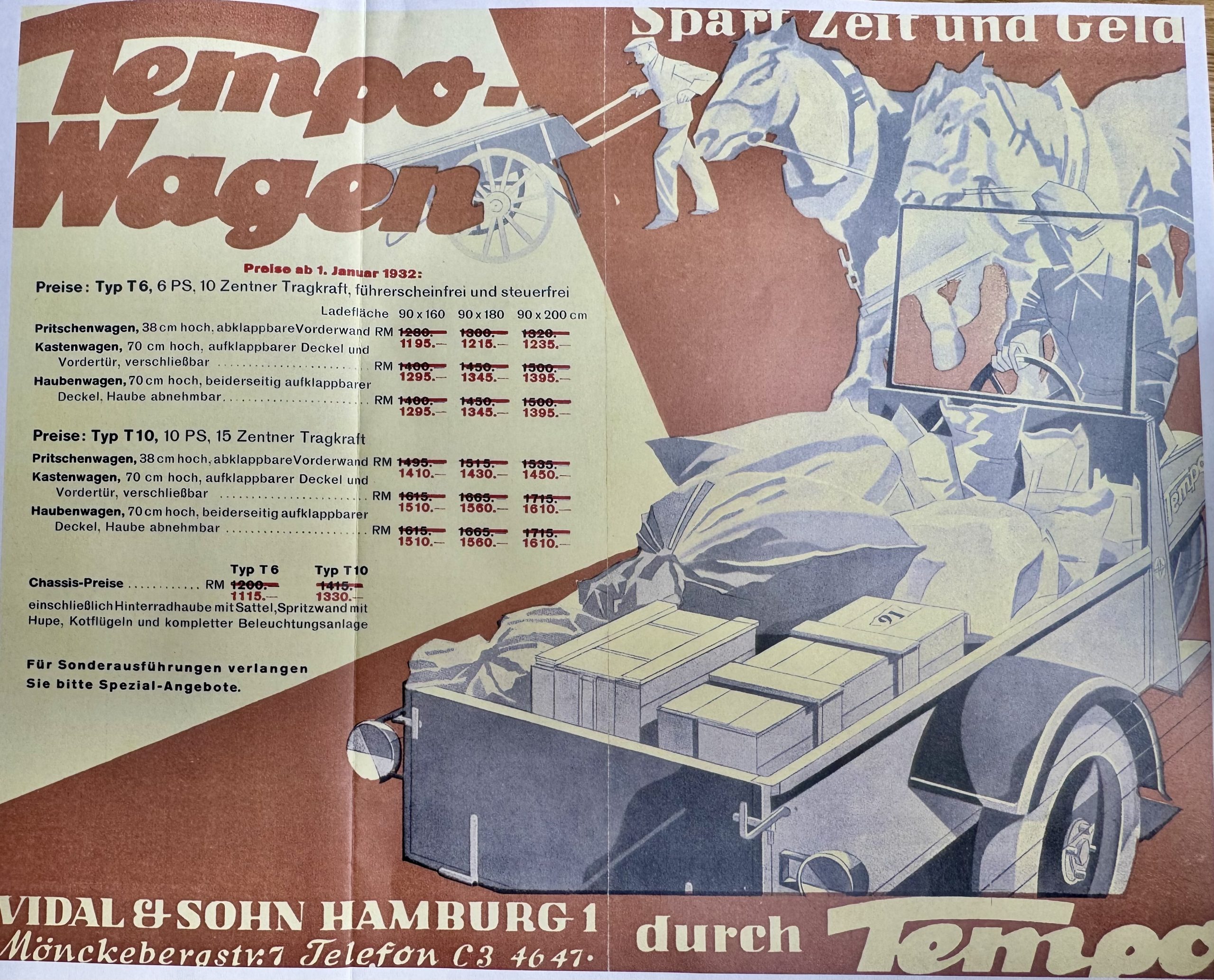 Historischer Tempo-Wagen Prospekt mit Preisen und Aufbauvarianten für Typ T6 und Typ T10 ab 1. Januar 1932