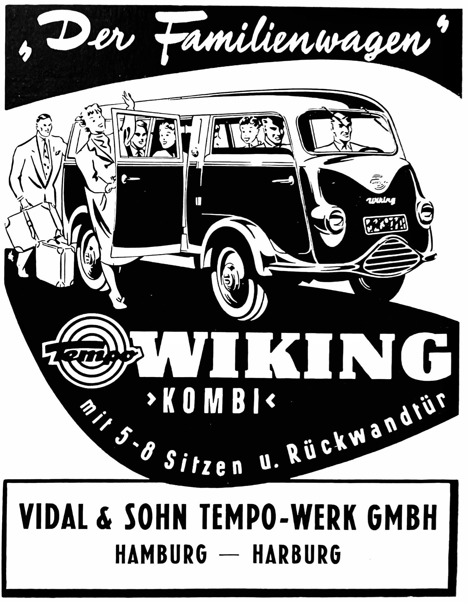 Zeitgenössische Werbung für den Tempo Wiking Kombi mit fünf bis acht Sitzen und Rückwandtür