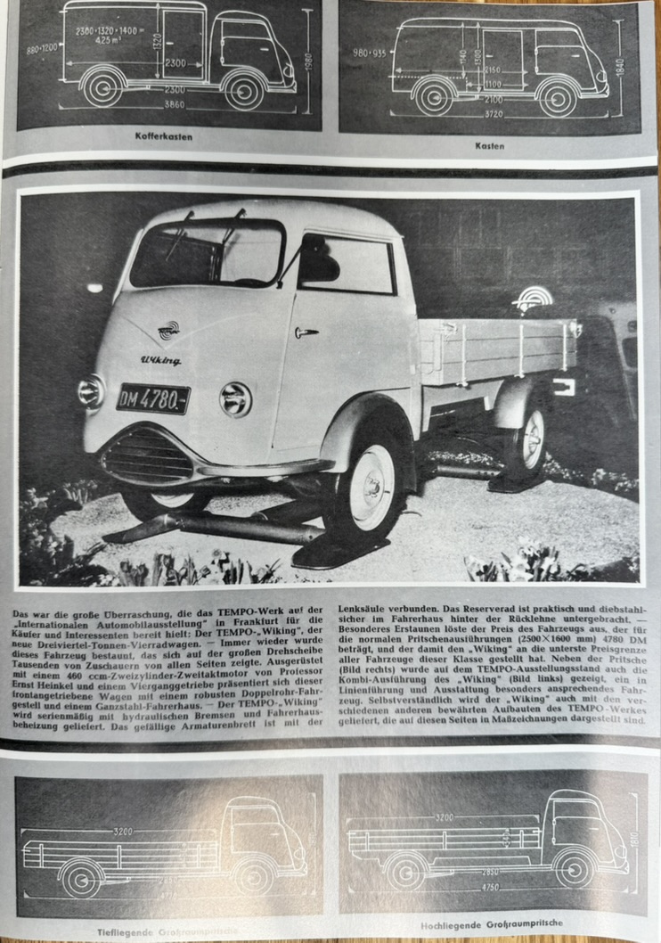 Tempo Wiking auf der Internationalen Automobilausstellung 1953 mit Maßzeichnungen und zeitgenössischem Bericht