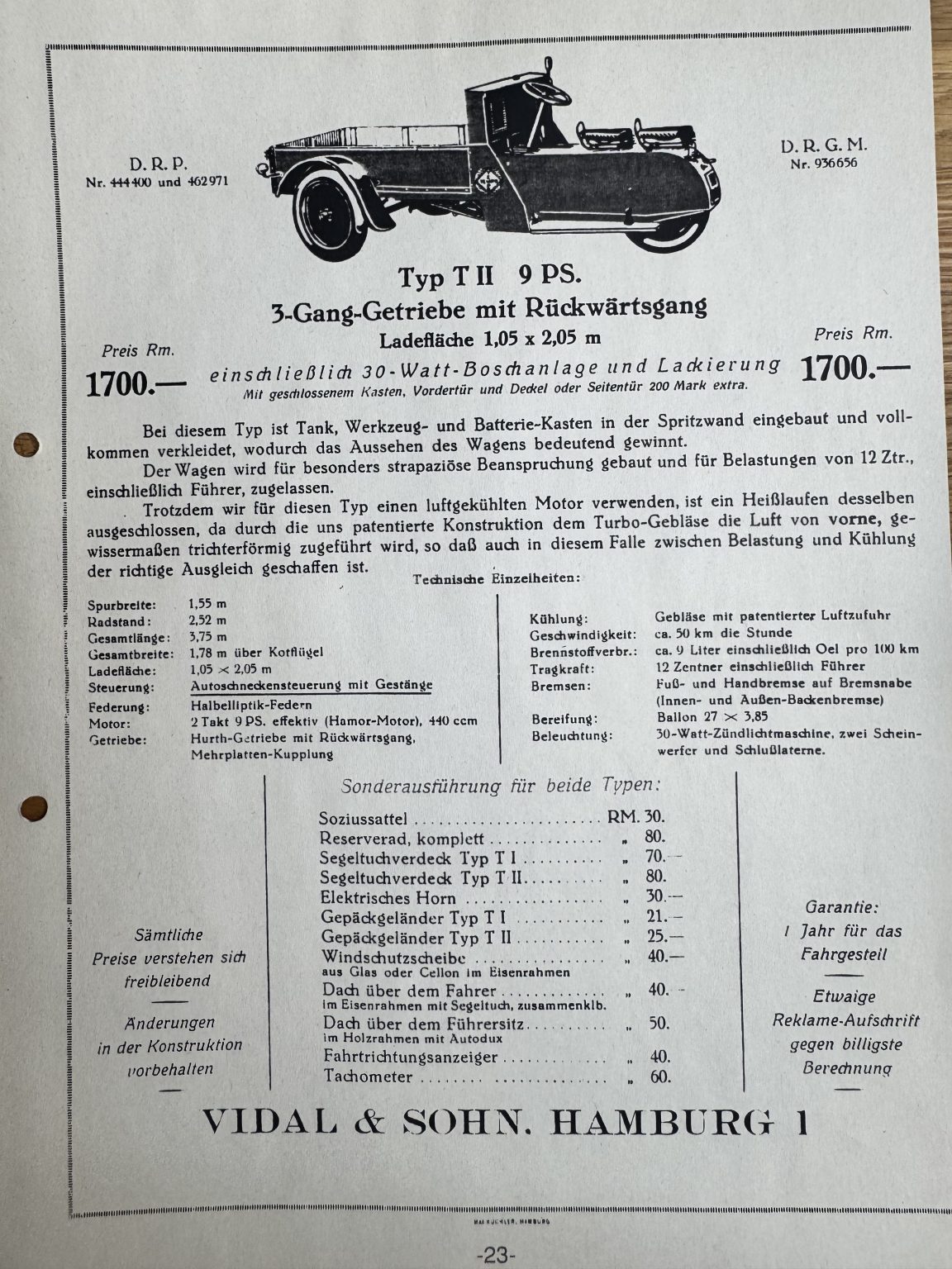 Originalprospekt Tempo Typ T II mit technischen Daten und Fahrzeugdarstellung
