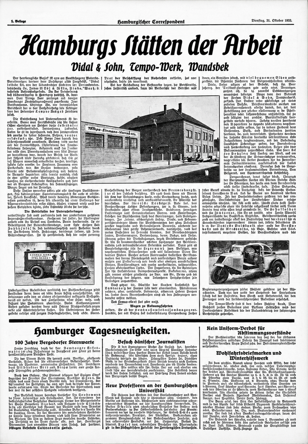 Hamburgischer Correspondent, 31. Oktober 1933, 1. Beilage: „Hamburgs Stätten der Arbeit – Vidal & Sohn, Tempo-Werk, Wandsbek“. Vom Nutzer bereitgestellter Zeitungsscan.