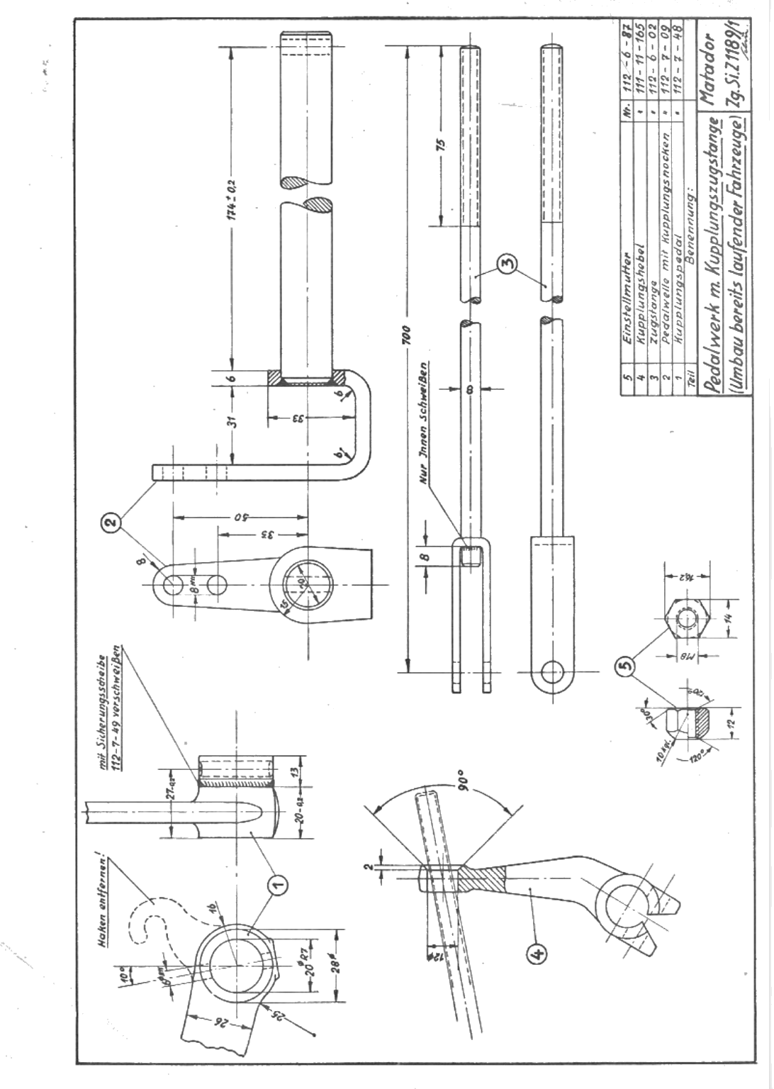 Originalzeichnung Pedalwerk mit Kupplungszugstange, KD-Rundschreiben M 5