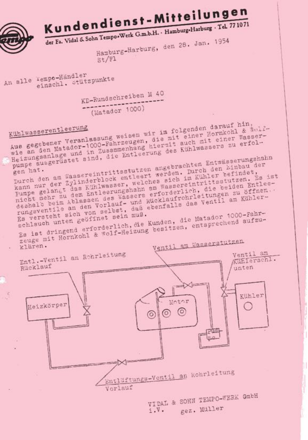Vollständige Originalseite des Kundendienst-Rundschreibens M40 vom 28. Januar 1954 mit Text und Schemazeichnung zur Kühlwasserentleerung