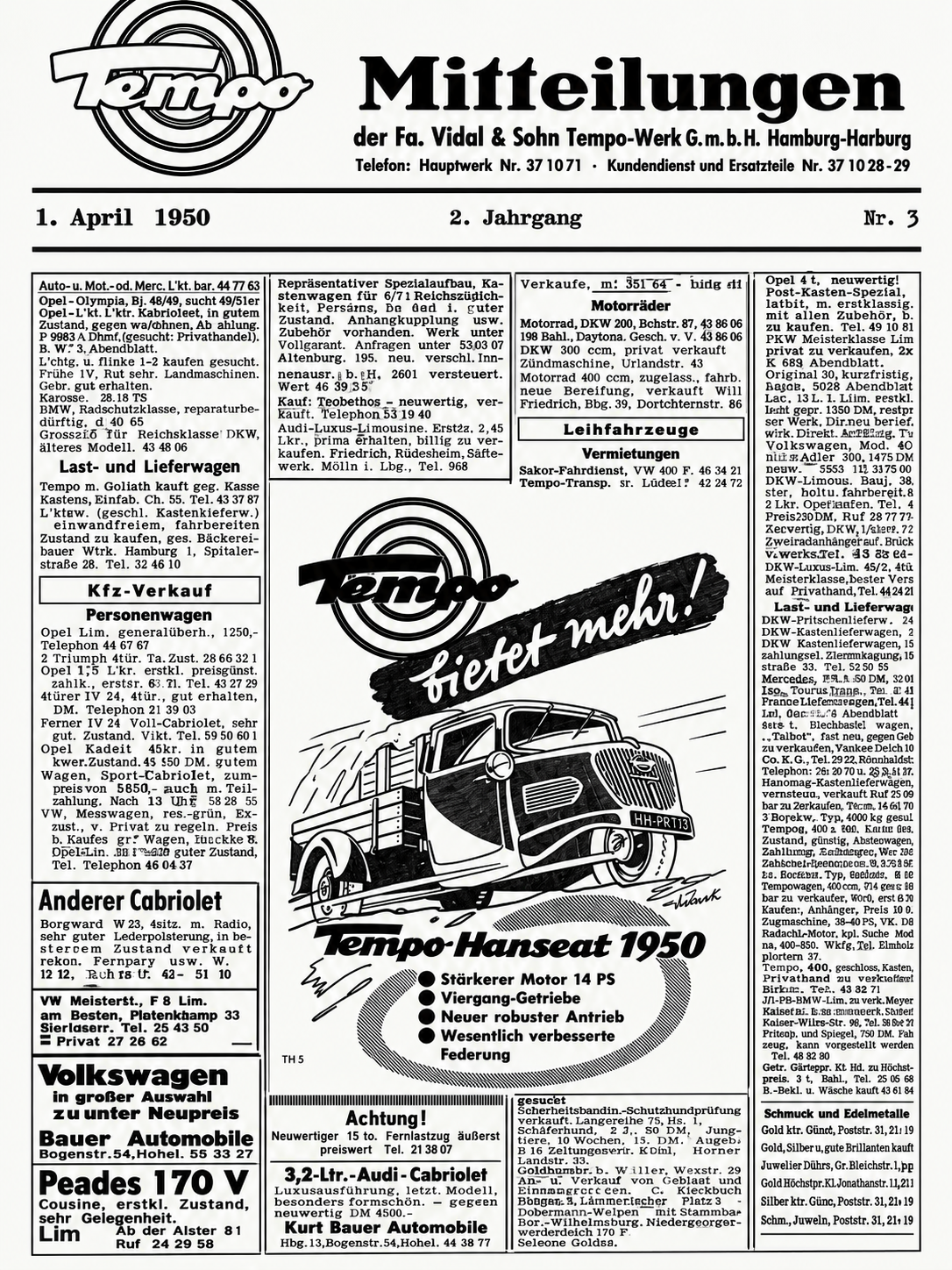 Hanseat-Werbung in den Tempo-Mitteilungen vom 1. April 1950, 2. Jahrgang, Nr. 3: Modellpflege als gebündeltes Verkaufsargument.