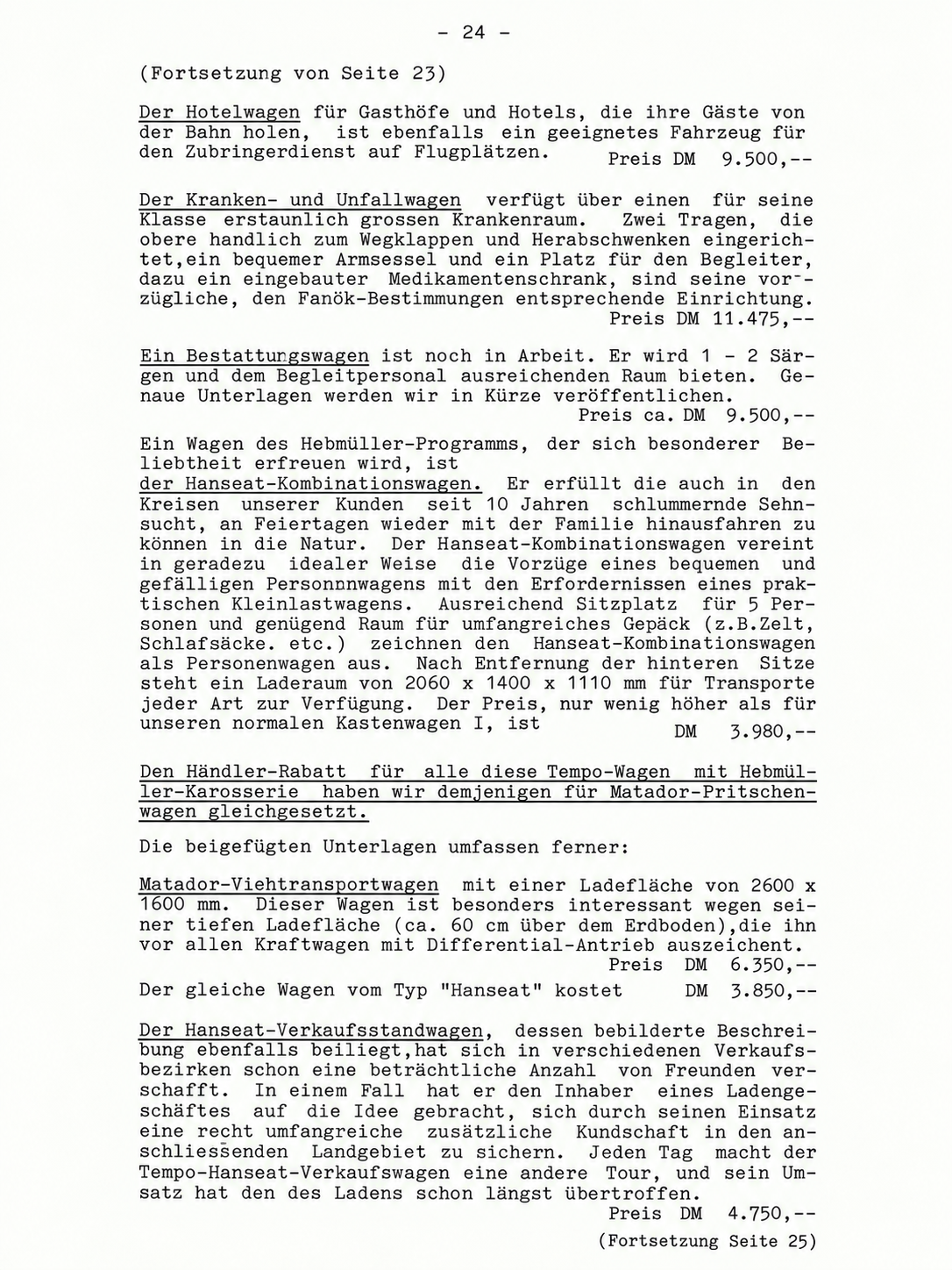 Tempo-Werksmitteilungen, 1950, Seite 24: Die niedrige Ladefläche des Matador-Viehtransporters als praktisches Verkaufsargument.