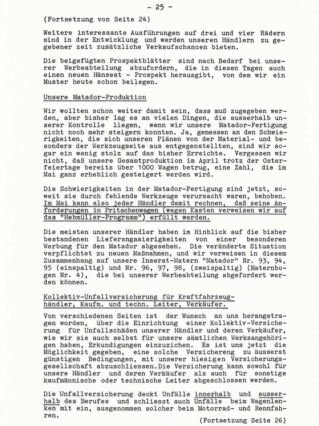 Tempo-Werksmitteilungen, 1950, Seite 25: Produktionslage und Anzeigenvorlagen werden gemeinsam behandelt. Das genaue Ausgabedatum ist auf dem Blatt nicht sichtbar.