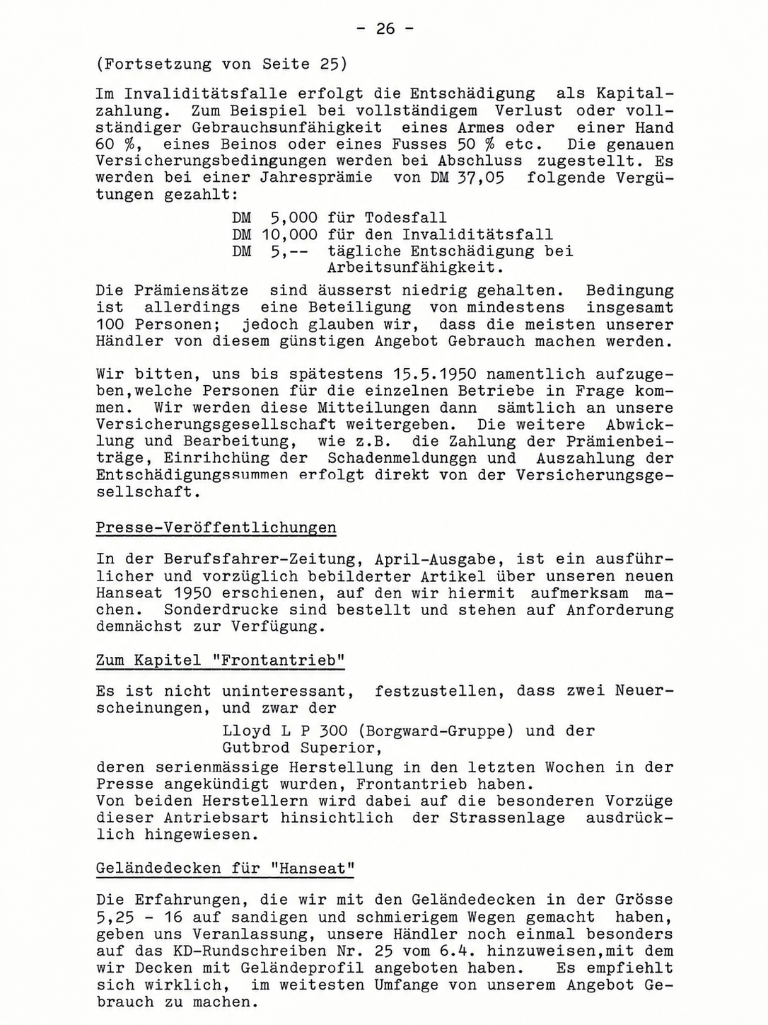 Tempo-Werksmitteilungen, 1950, Seite 26: Konkurrenzbeobachtung zu Lloyd und Gutbrod, Pressearbeit und technische Hinweise auf einem Blatt.