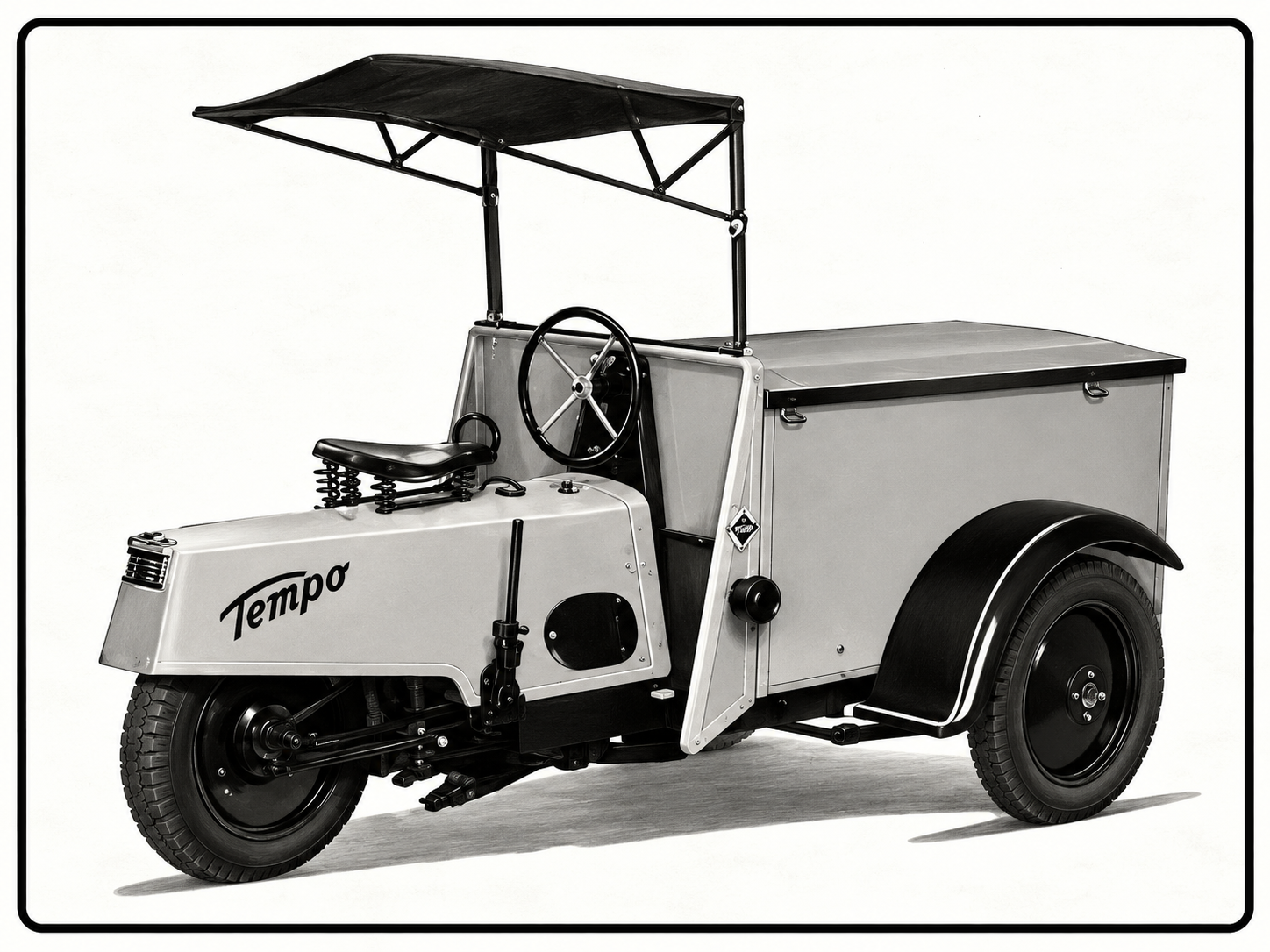 Spanische Werbeanzeige für einen frühen Tempo-Dreiradwagen, frühe 1930er Jahre